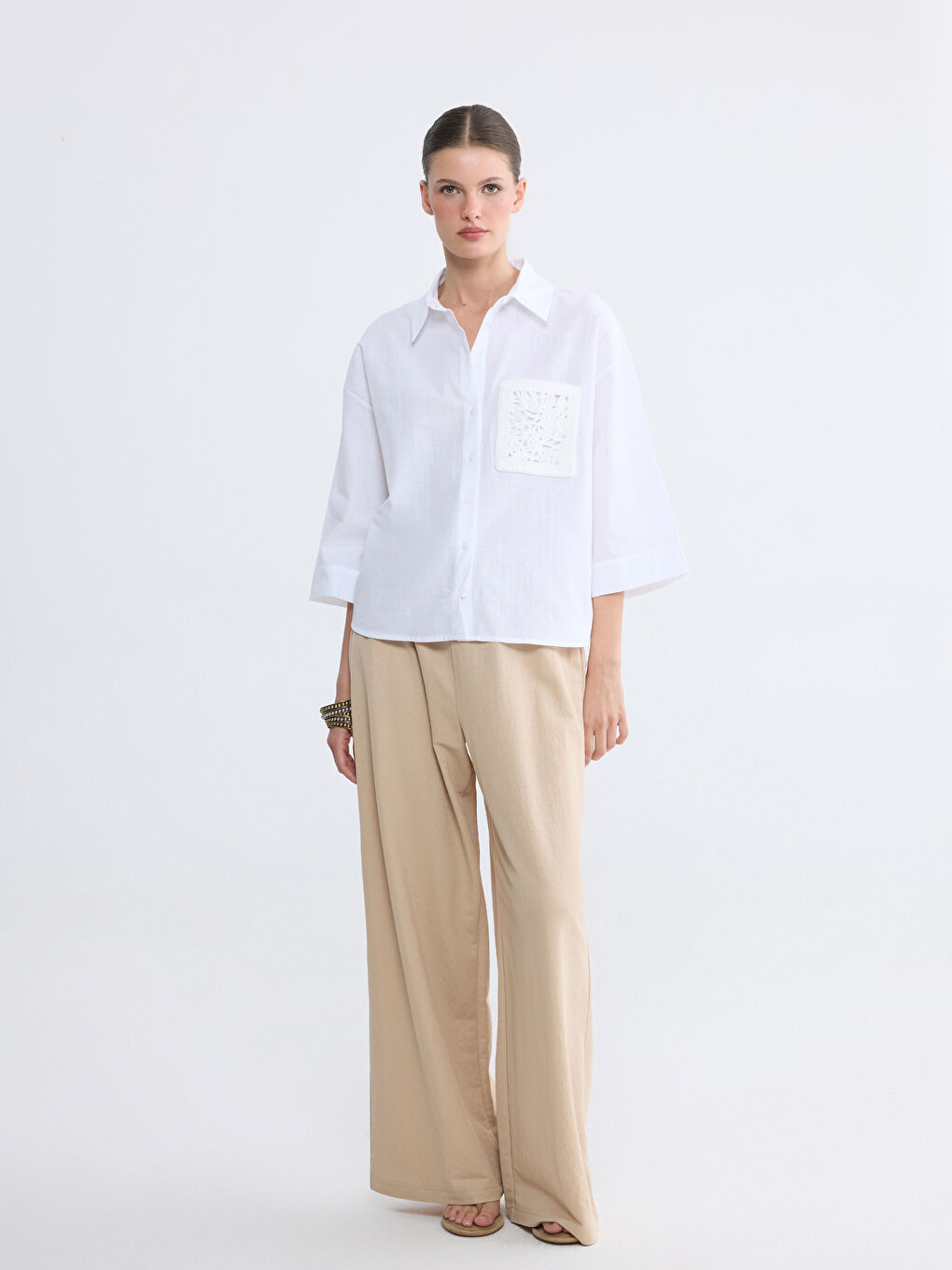 Ekru Nakış Detaylı Müslin Kadın Gömlek-1