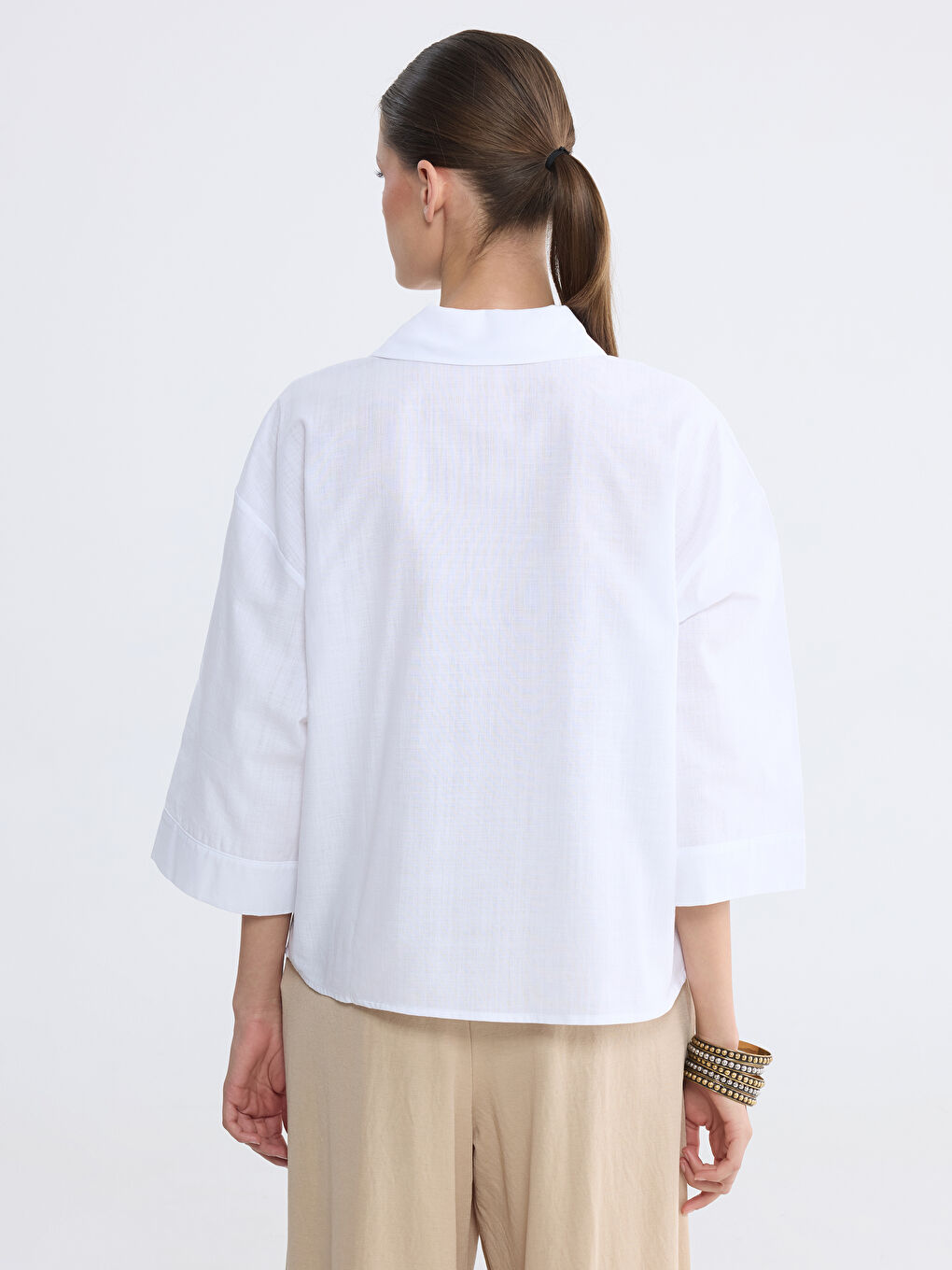 Ekru Nakış Detaylı Müslin Kadın Gömlek-3