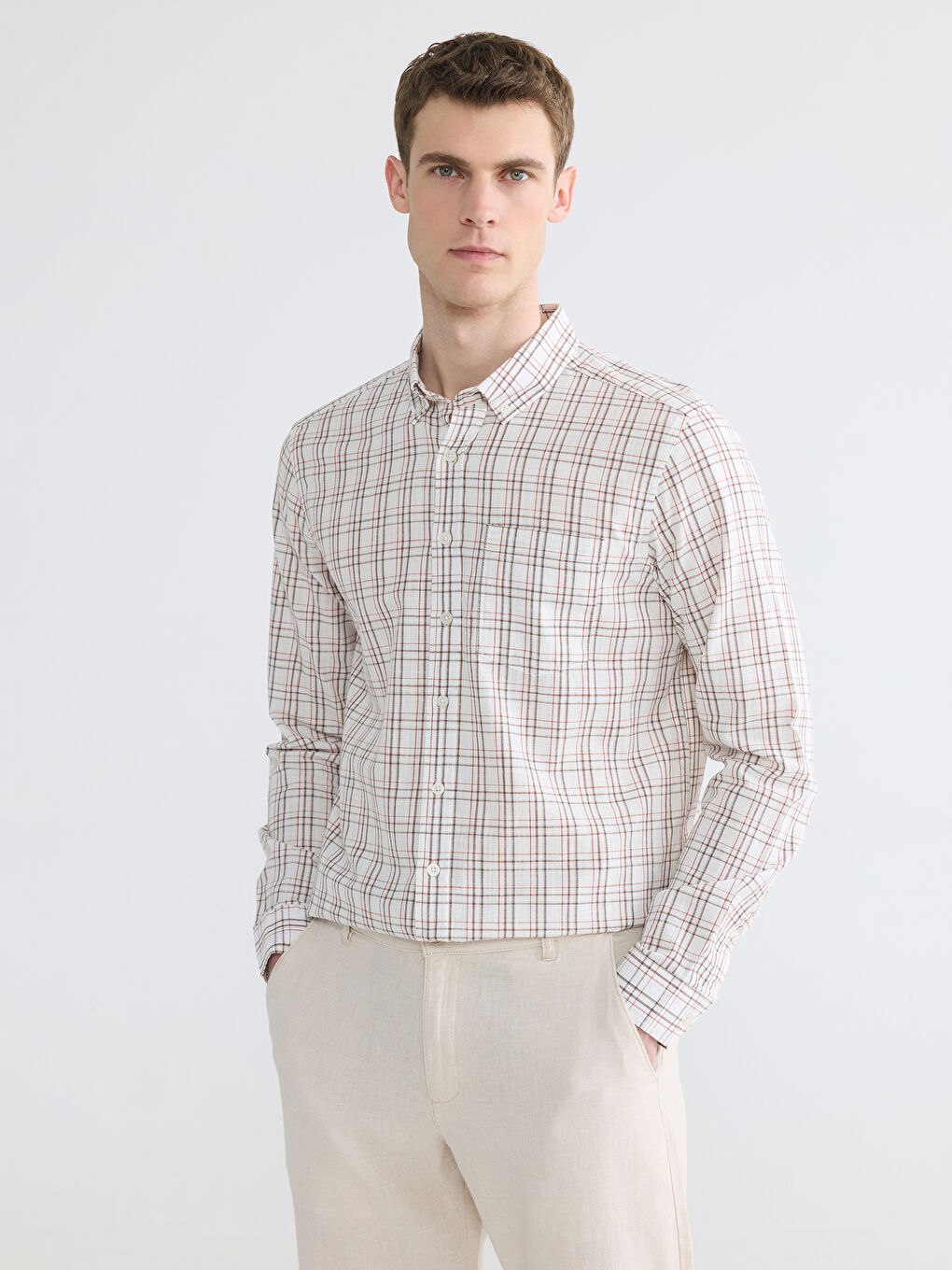 Kahverengi Regular Fit Ekose Erkek Gömlek