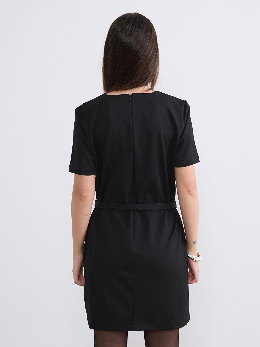 Siyah Petite Bisiklet Yaka Kemerli Mini Elbise-3