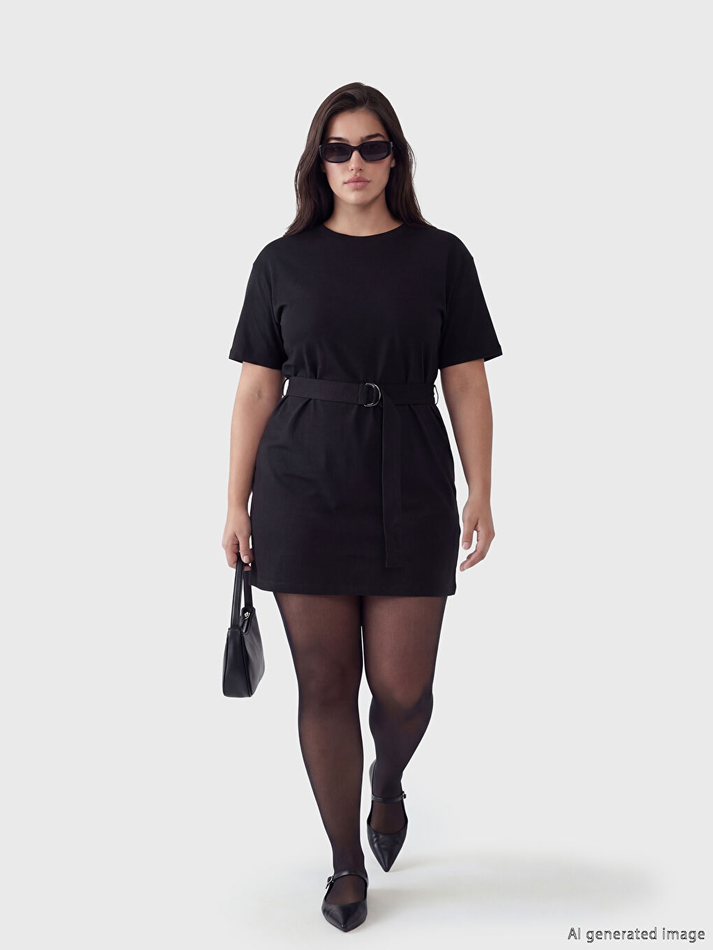 Siyah Petite Bisiklet Yaka Kemerli Mini Elbise-1