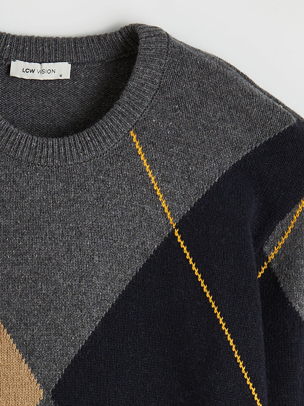 Gri Bisiklet Yaka Baklava Desenli Erkek Triko Kazak-1