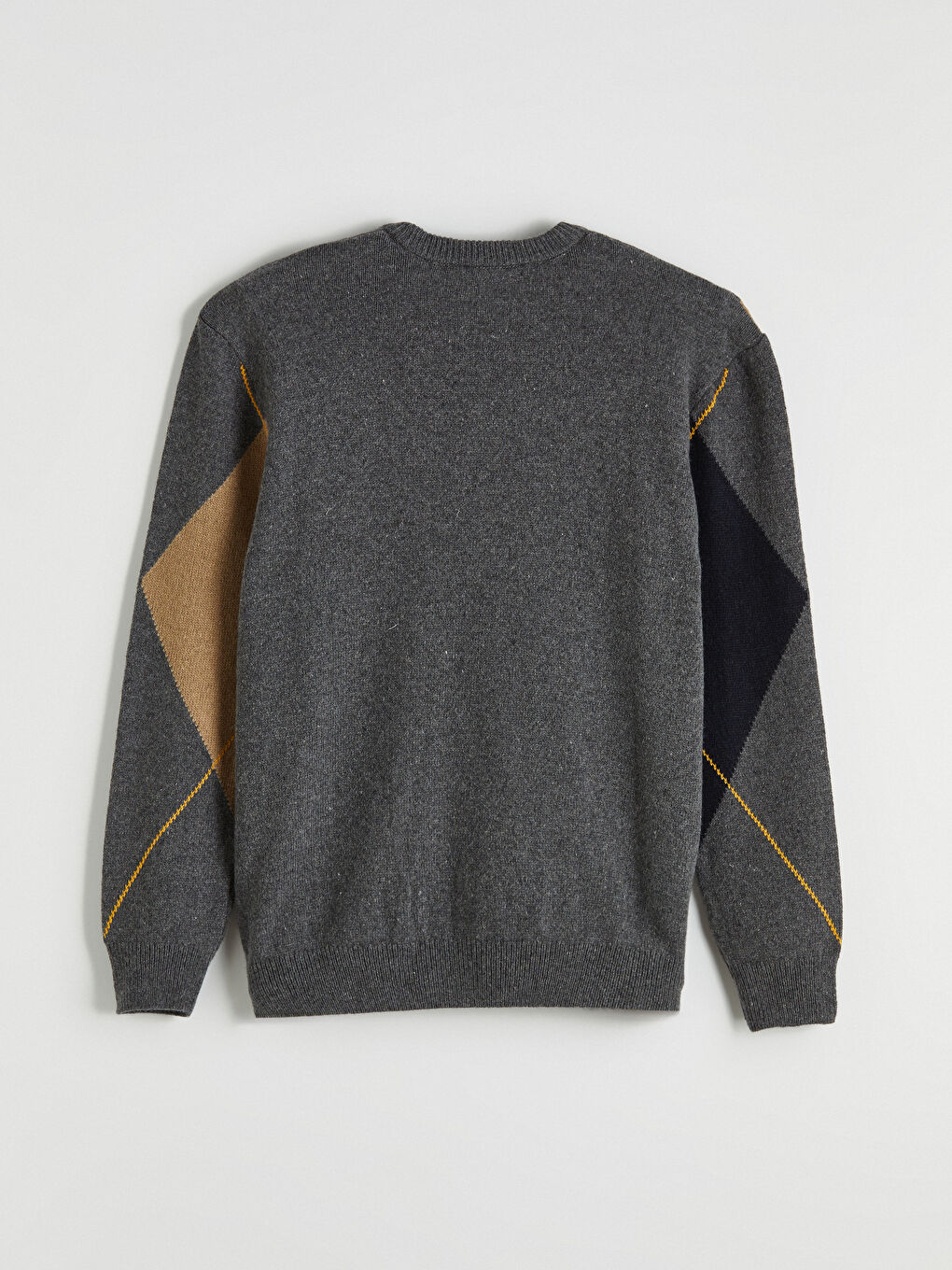 Gri Bisiklet Yaka Baklava Desenli Erkek Triko Kazak-2