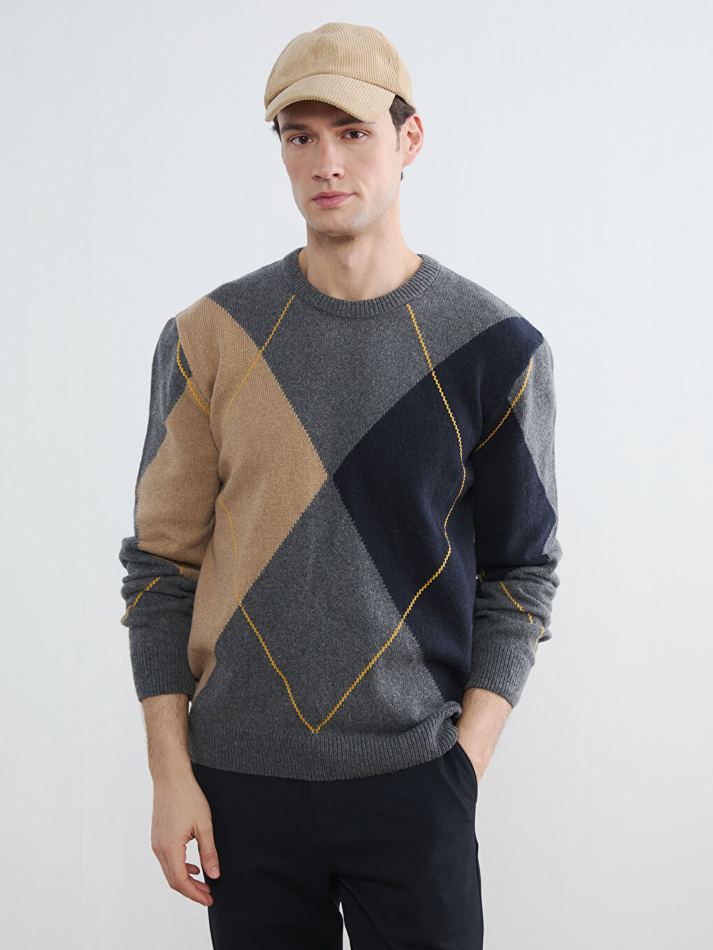 Gri Bisiklet Yaka Baklava Desenli Erkek Triko Kazak