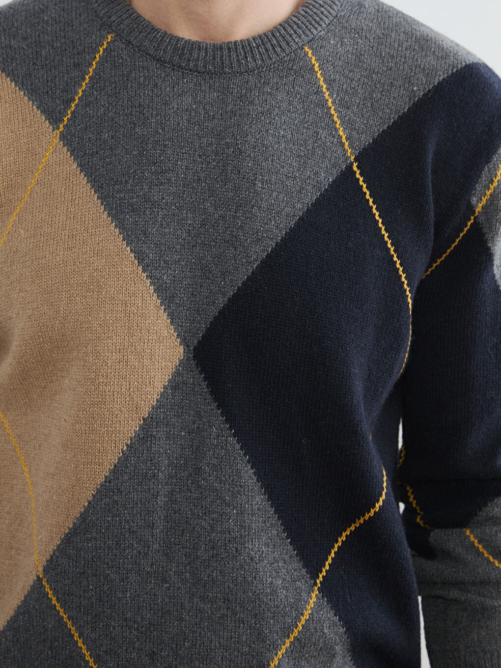 Gri Bisiklet Yaka Baklava Desenli Erkek Triko Kazak-2