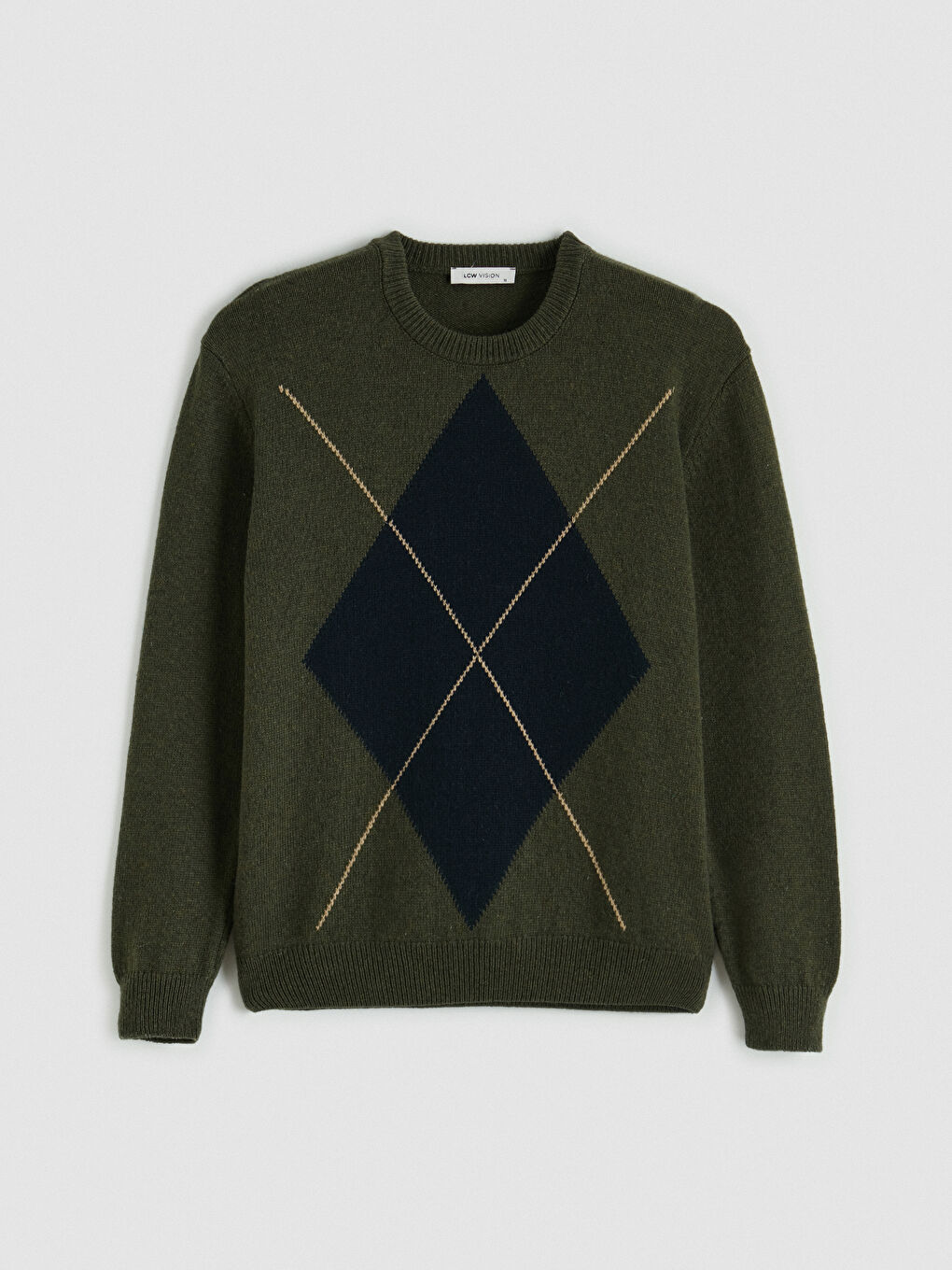 Haki Bisiklet Yaka Baklava Desenli Erkek Triko Kazak