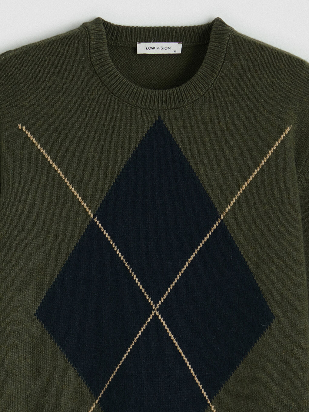 Haki Bisiklet Yaka Baklava Desenli Erkek Triko Kazak-2