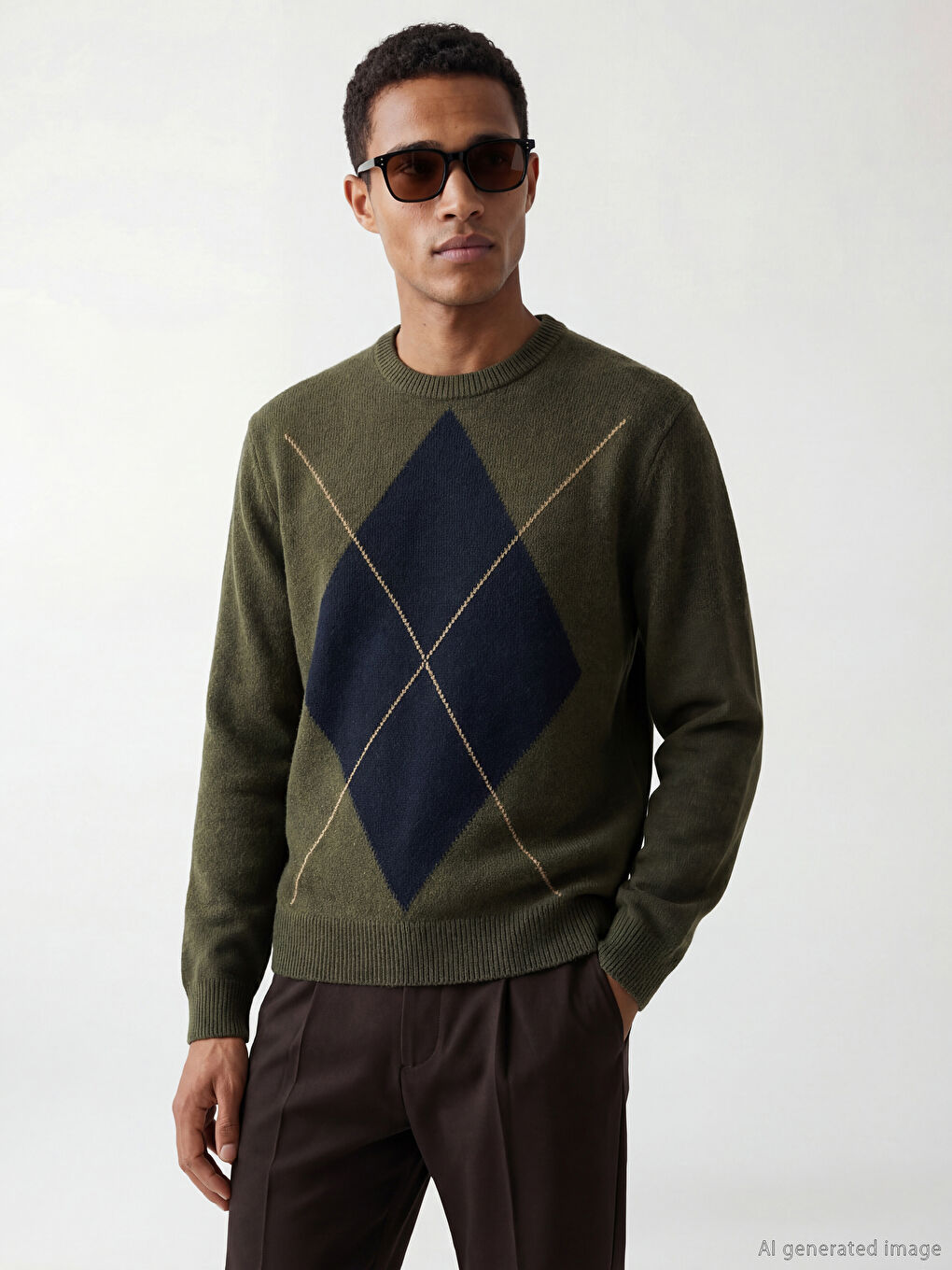 Haki Bisiklet Yaka Baklava Desenli Erkek Triko Kazak