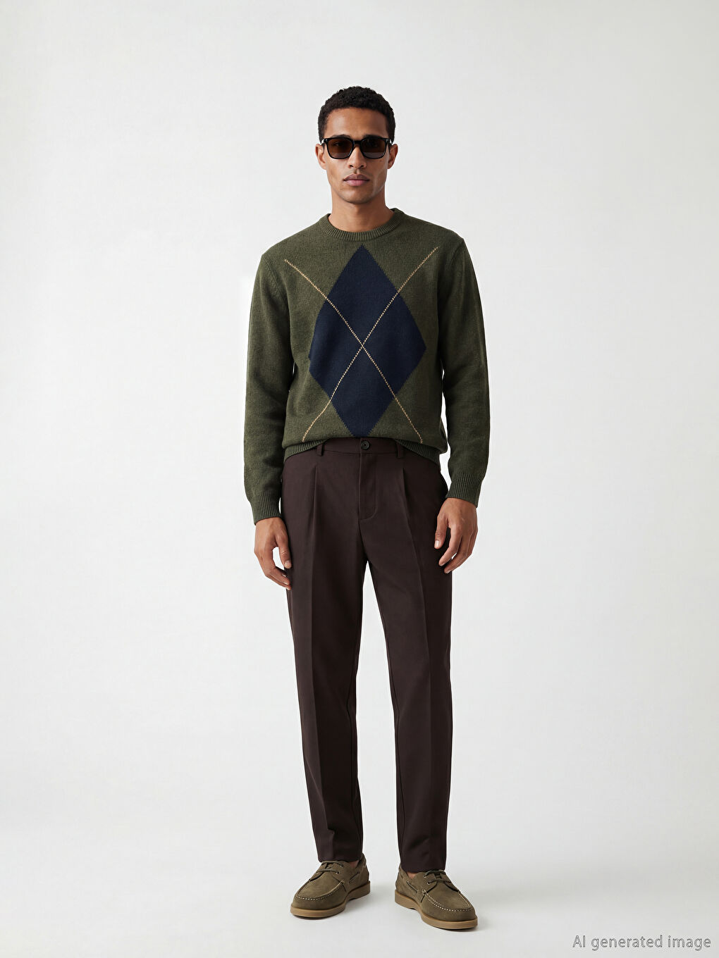 Haki Bisiklet Yaka Baklava Desenli Erkek Triko Kazak-1