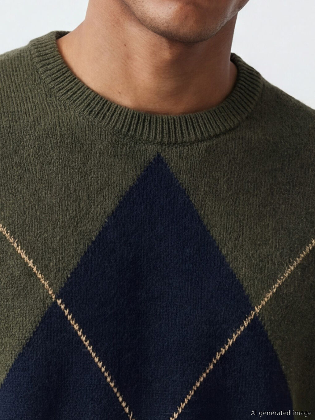 Haki Bisiklet Yaka Baklava Desenli Erkek Triko Kazak-2