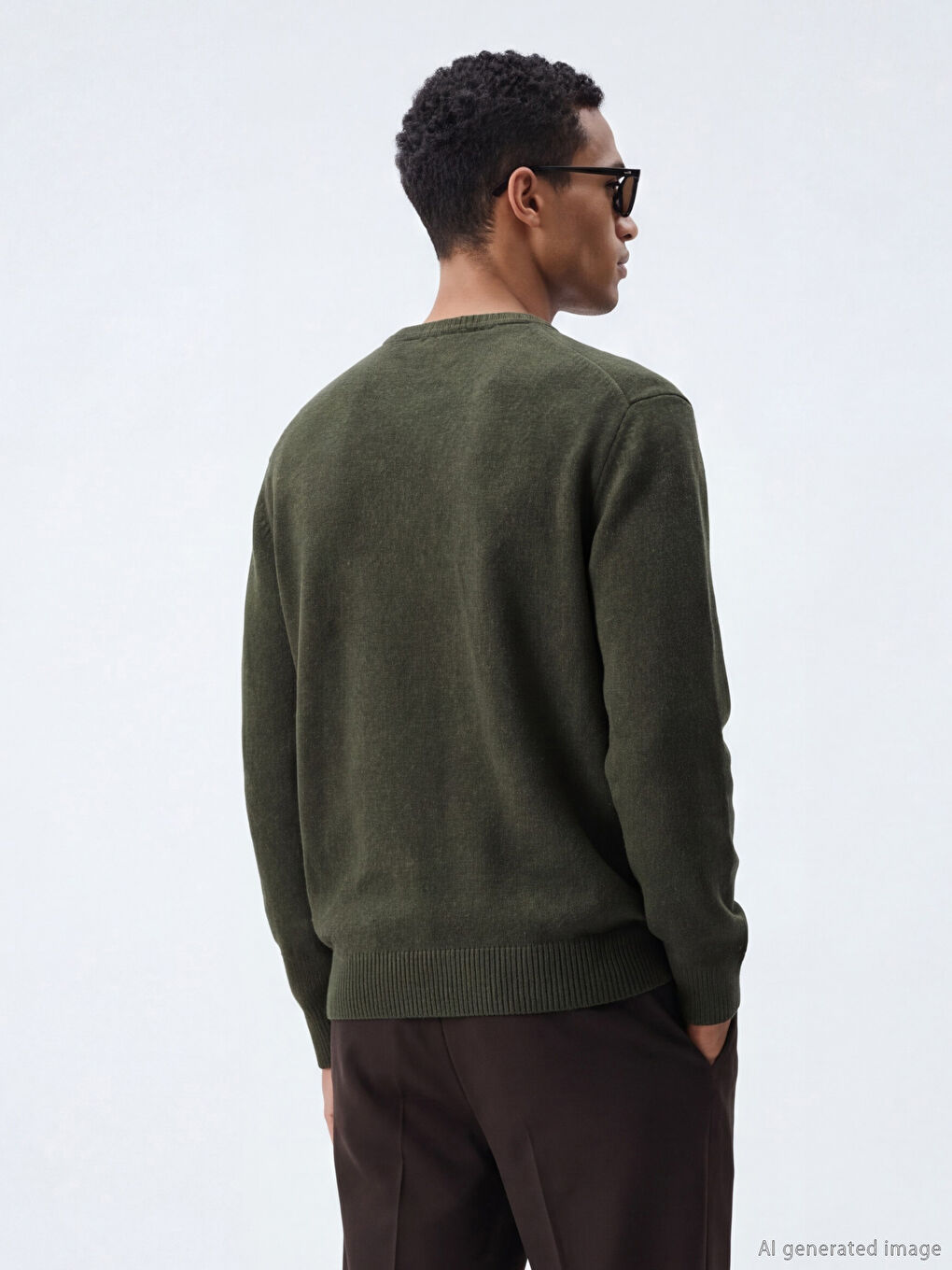 Haki Bisiklet Yaka Baklava Desenli Erkek Triko Kazak-3