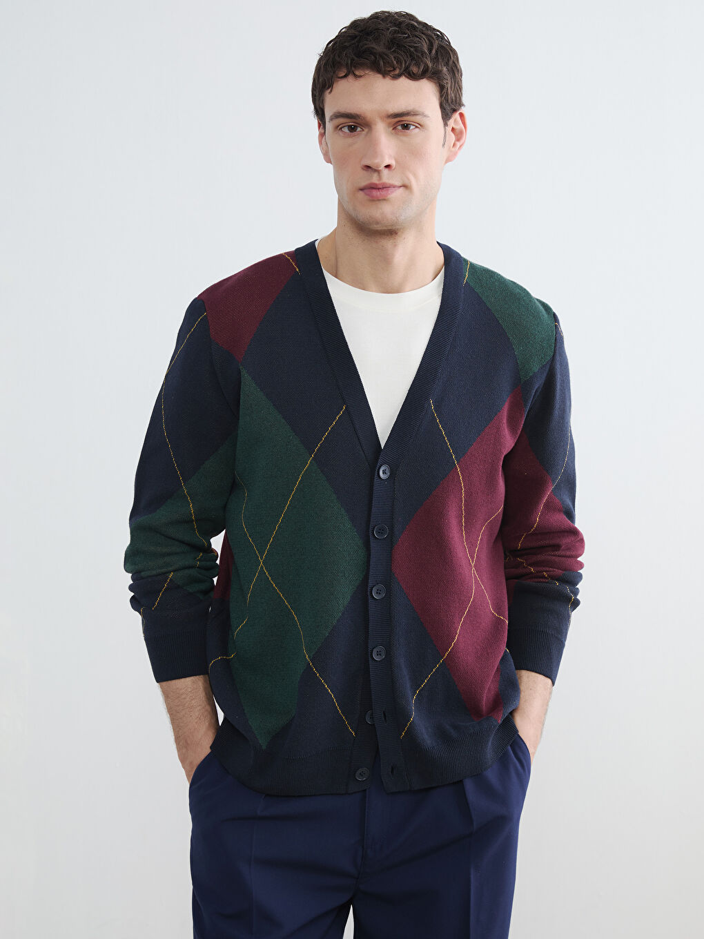 Lacivert Standart Kalıp V Yaka Erkek Triko Hırka