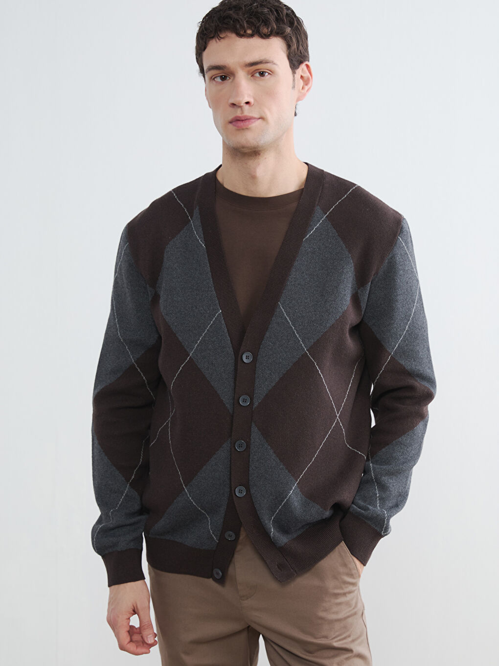 Antrasit Standart Kalıp Baklava Desenli Erkek Triko Hırka