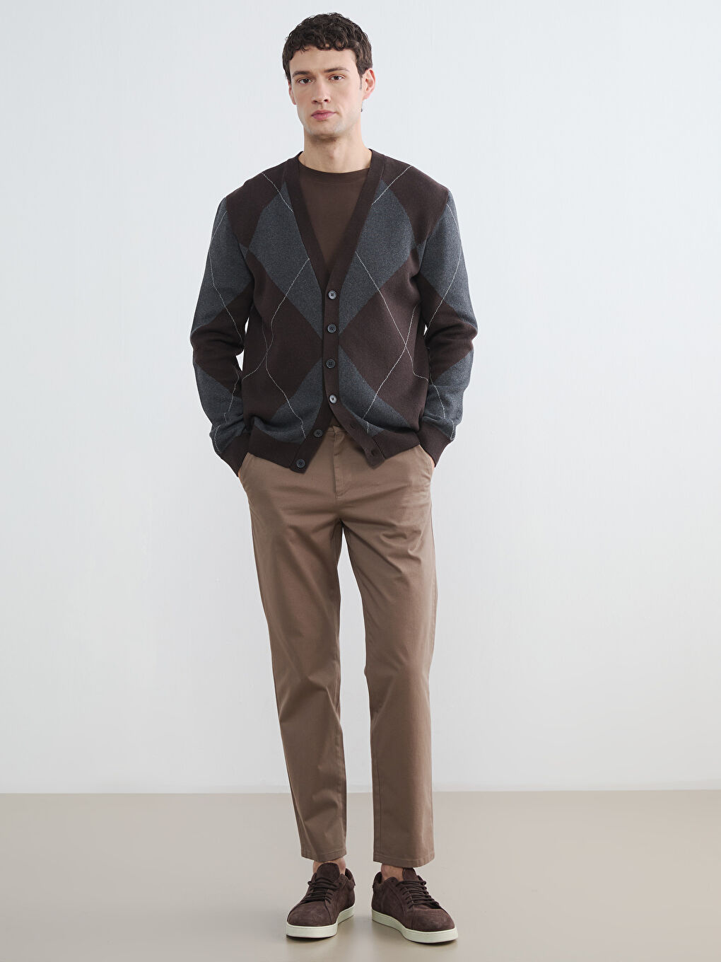 Antrasit Standart Kalıp Baklava Desenli Erkek Triko Hırka-1