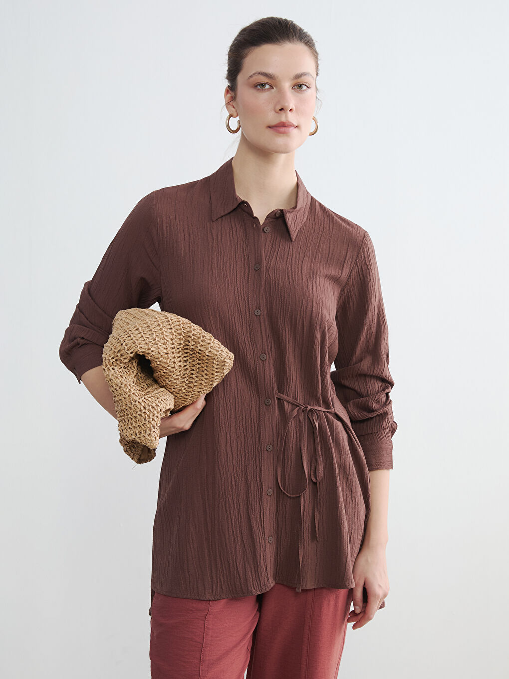 Kahverengi Dokulu Kadın Gömlek Tunik	