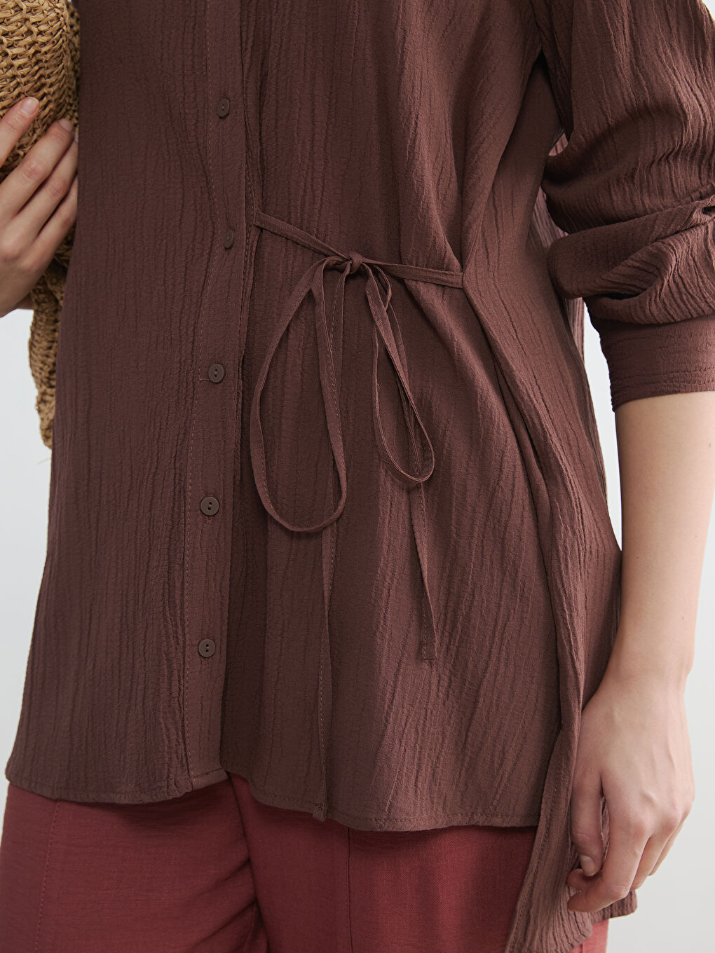 Kahverengi Dokulu Kadın Gömlek Tunik	-2
