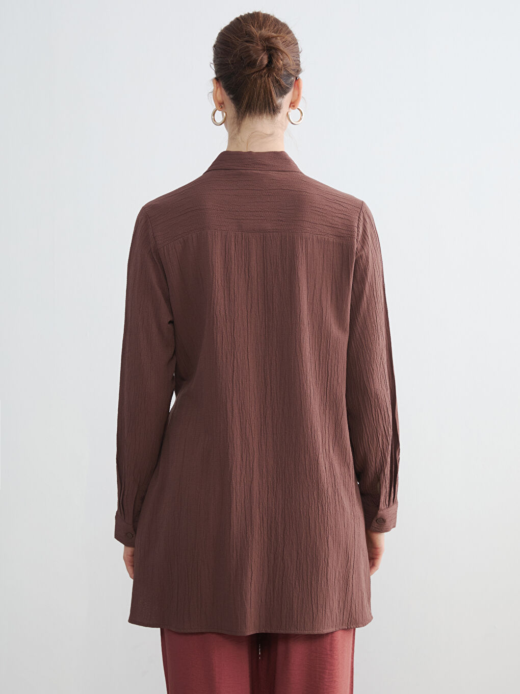 Kahverengi Dokulu Kadın Gömlek Tunik	-3