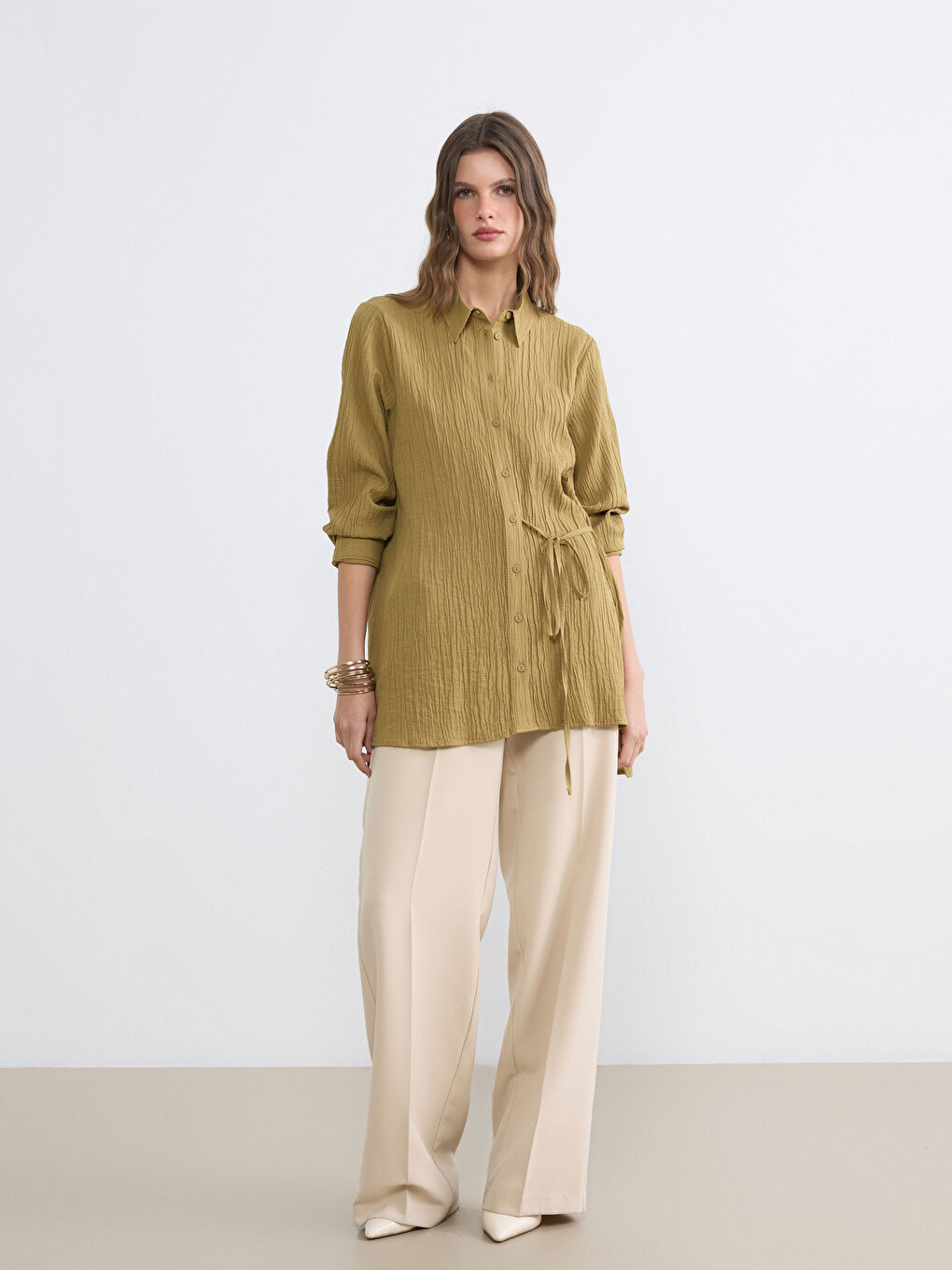 Yeşil Dokulu Kadın Gömlek Tunik	-1