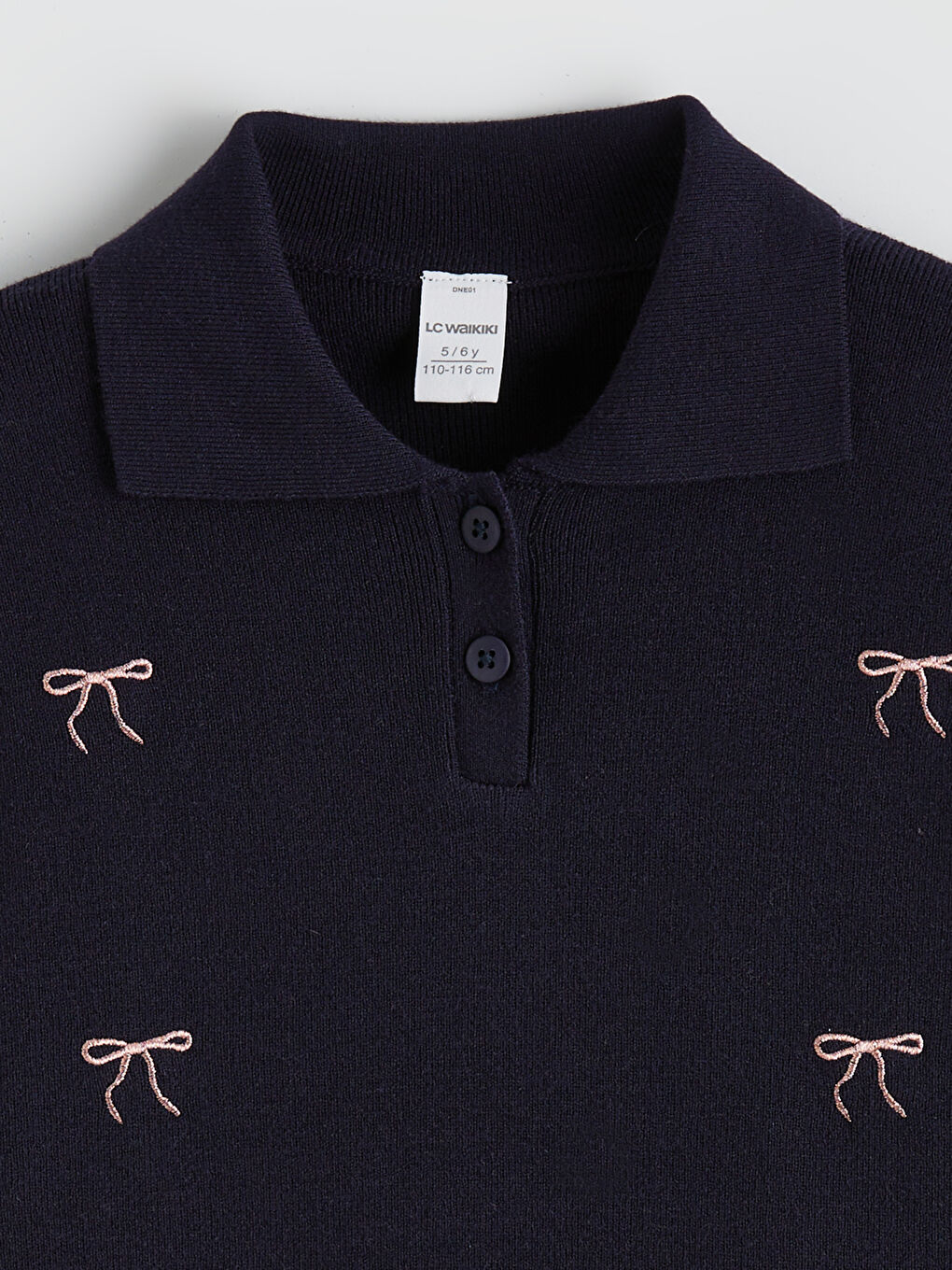 Lacivert Polo Yaka Kurdele Nakışlı Kız Çocuk Triko Kazak-1
