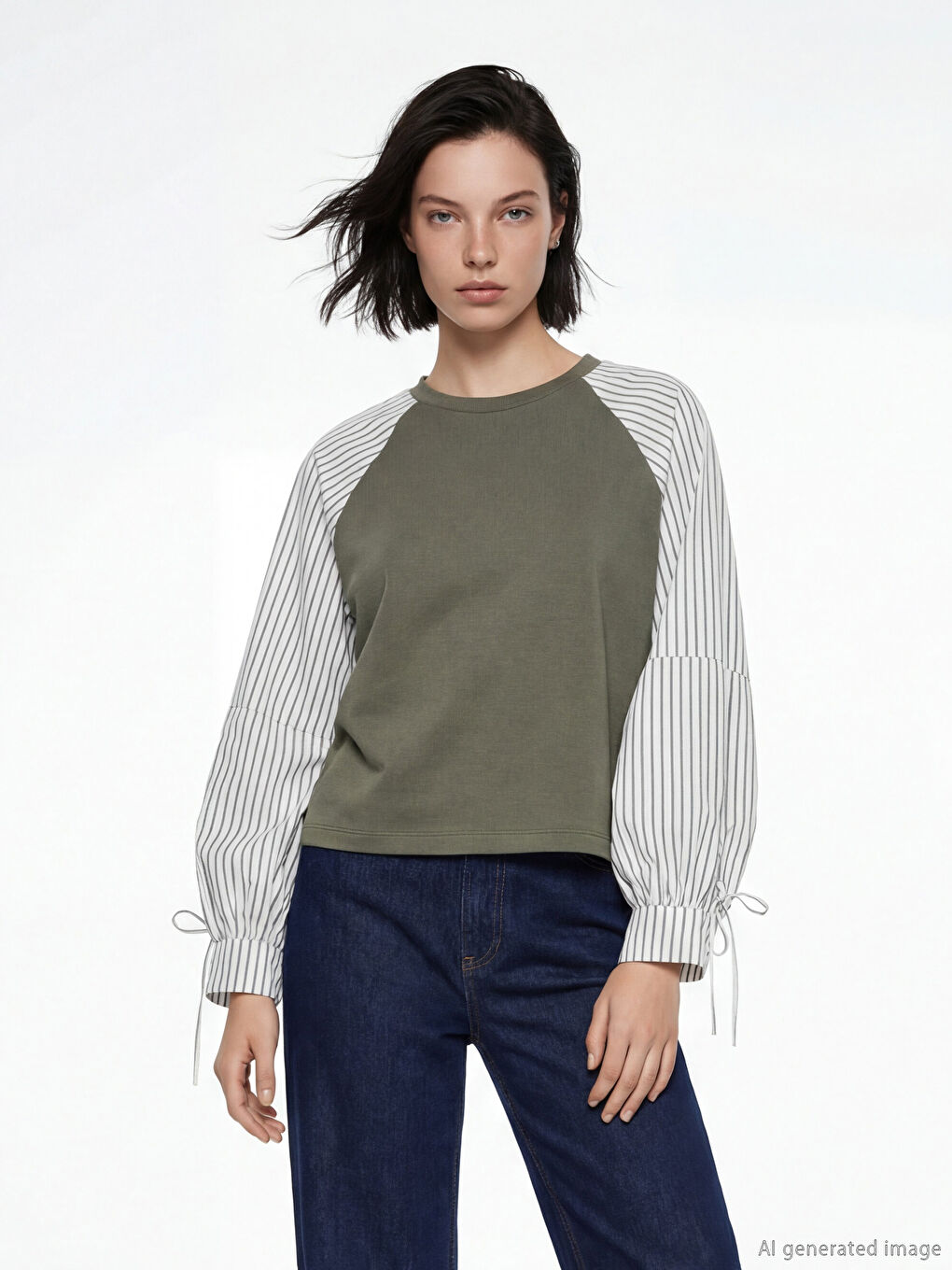 Haki Bisiklet Yaka Çizgili Bluz