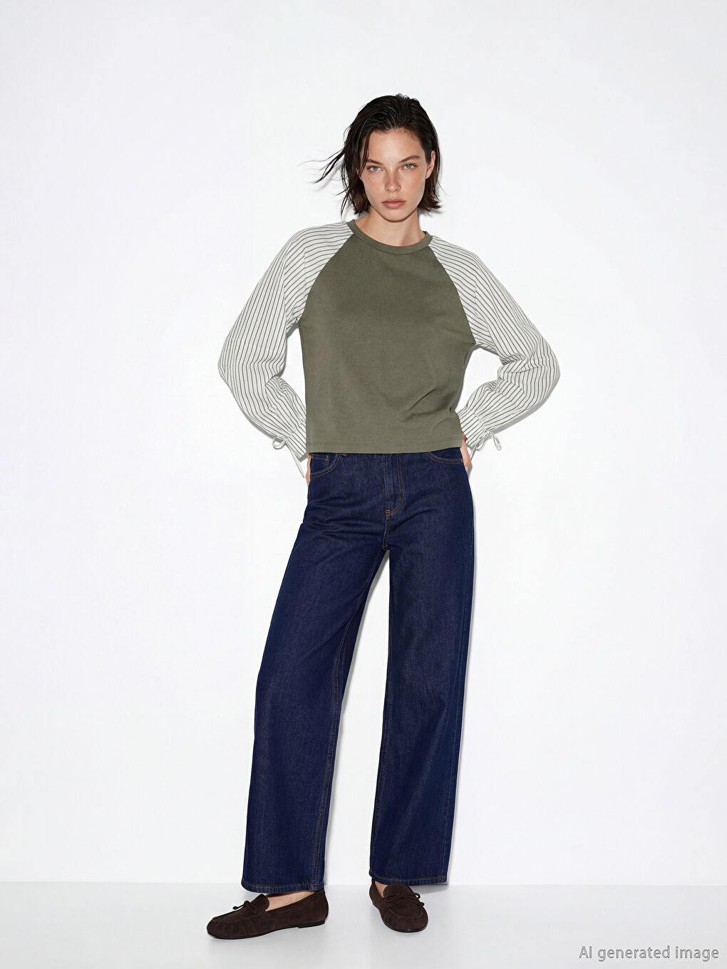 Haki Bisiklet Yaka Çizgili Bluz-1