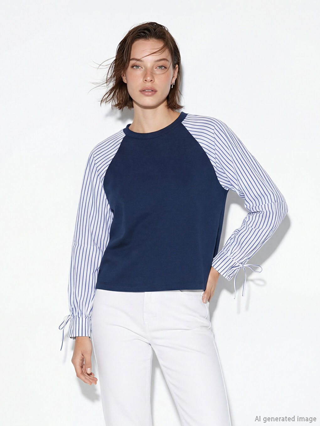 Lacivert Bisiklet Yaka Çizgili Bluz