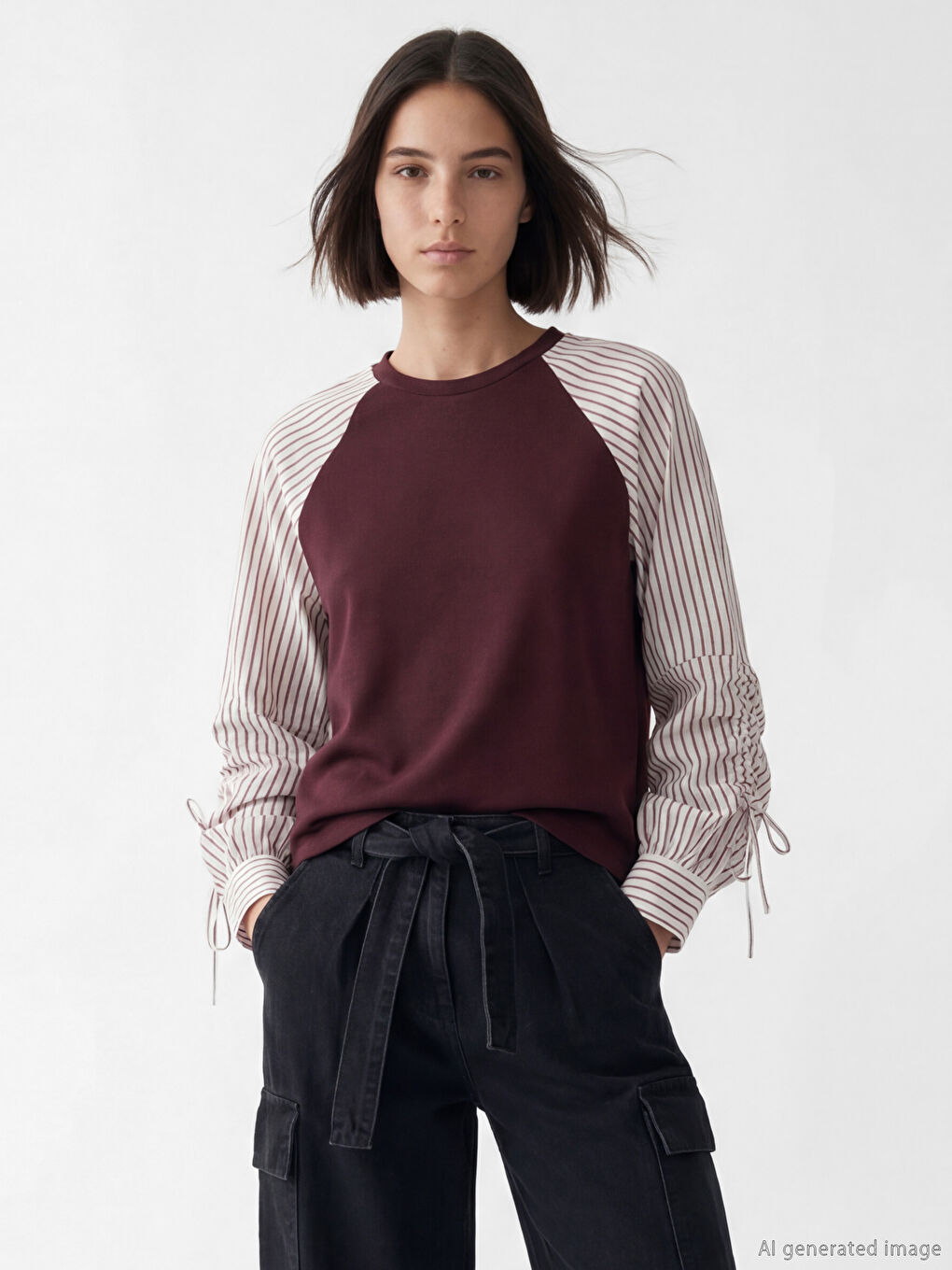 Bordo Bisiklet Yaka Çizgili Bluz