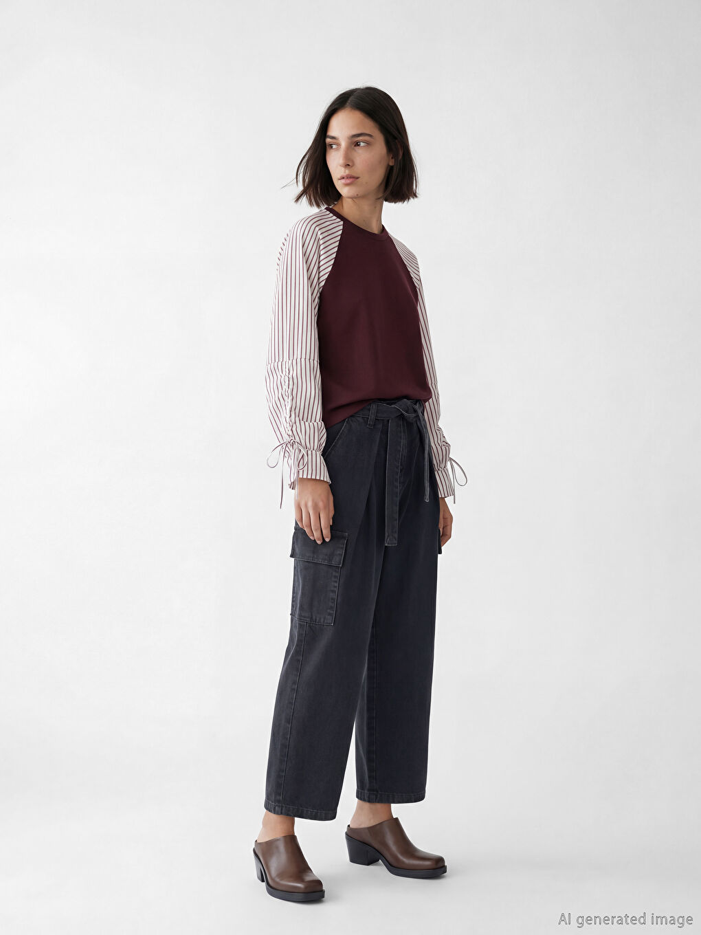 Bordo Bisiklet Yaka Çizgili Bluz-1