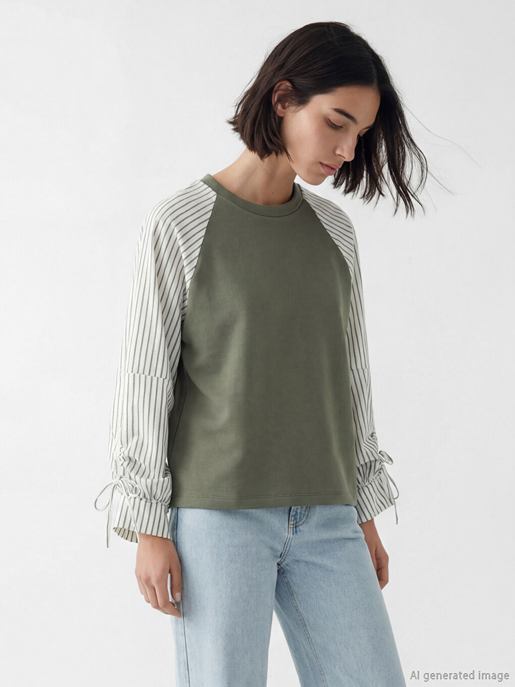 Haki Bisiklet Yaka Çizgili Bluz