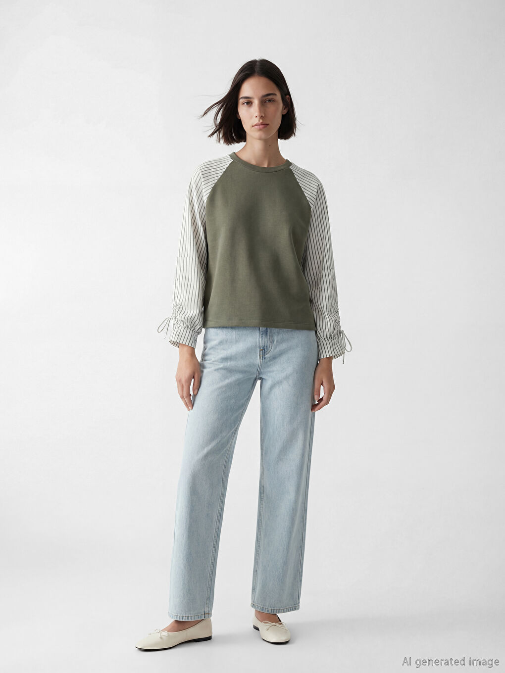 Haki Bisiklet Yaka Çizgili Bluz-1