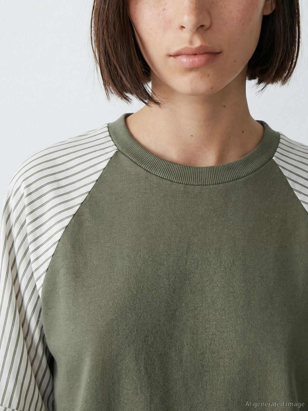 Haki Bisiklet Yaka Çizgili Bluz-2