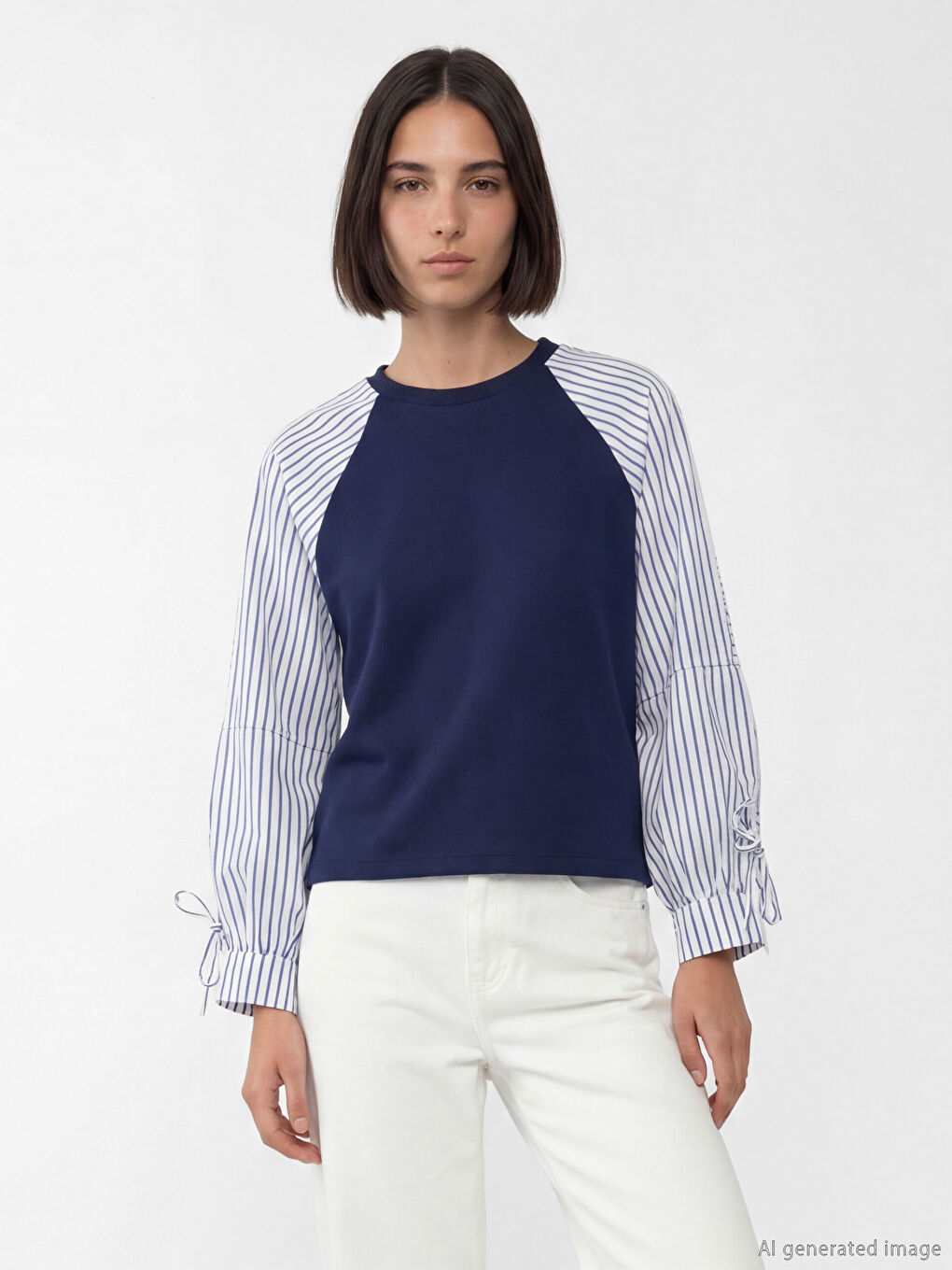 Lacivert Bisiklet Yaka Çizgili Bluz