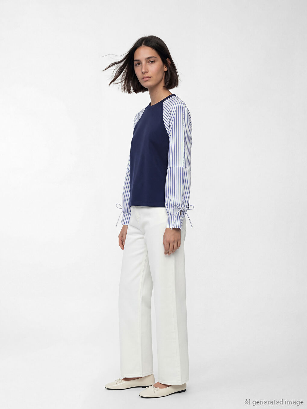 Lacivert Bisiklet Yaka Çizgili Bluz-1