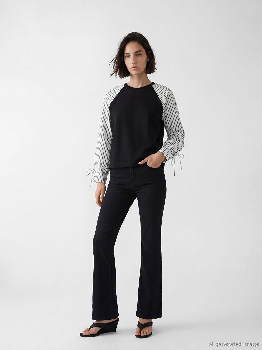 Siyah Bisiklet Yaka Çizgili Bluz-1