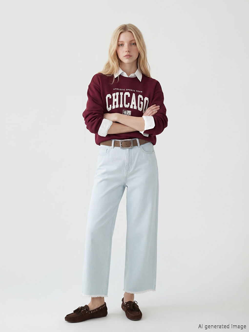 Bordo Chicago Baskılı Oversize Kadın Sweatshirt-1