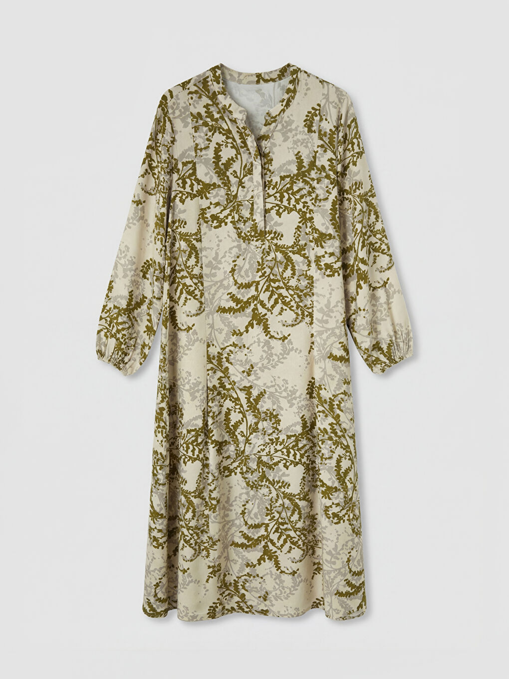 Bej Kaçık Yaka Desenli Elbise