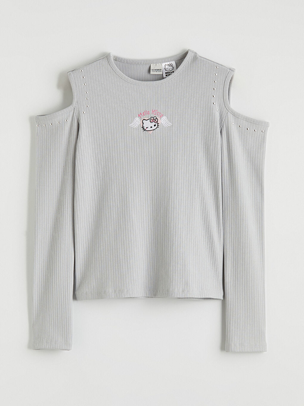 Gri Bisiklet Yaka Hello Kitty Nakışlı Kız Çocuk Sweatshirt