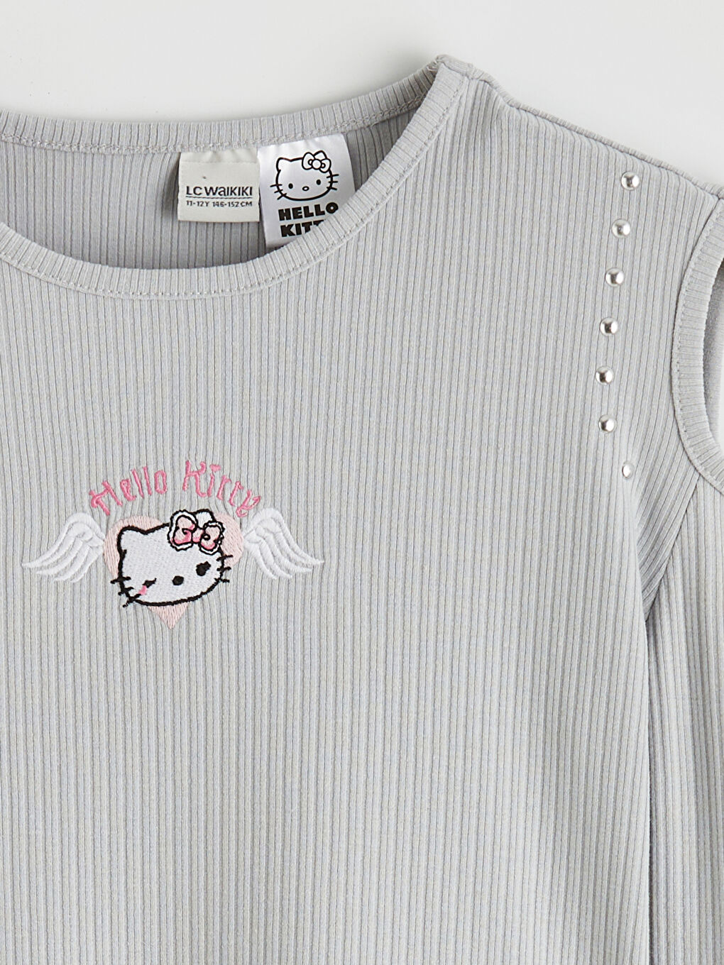 Gri Bisiklet Yaka Hello Kitty Nakışlı Kız Çocuk Sweatshirt-1