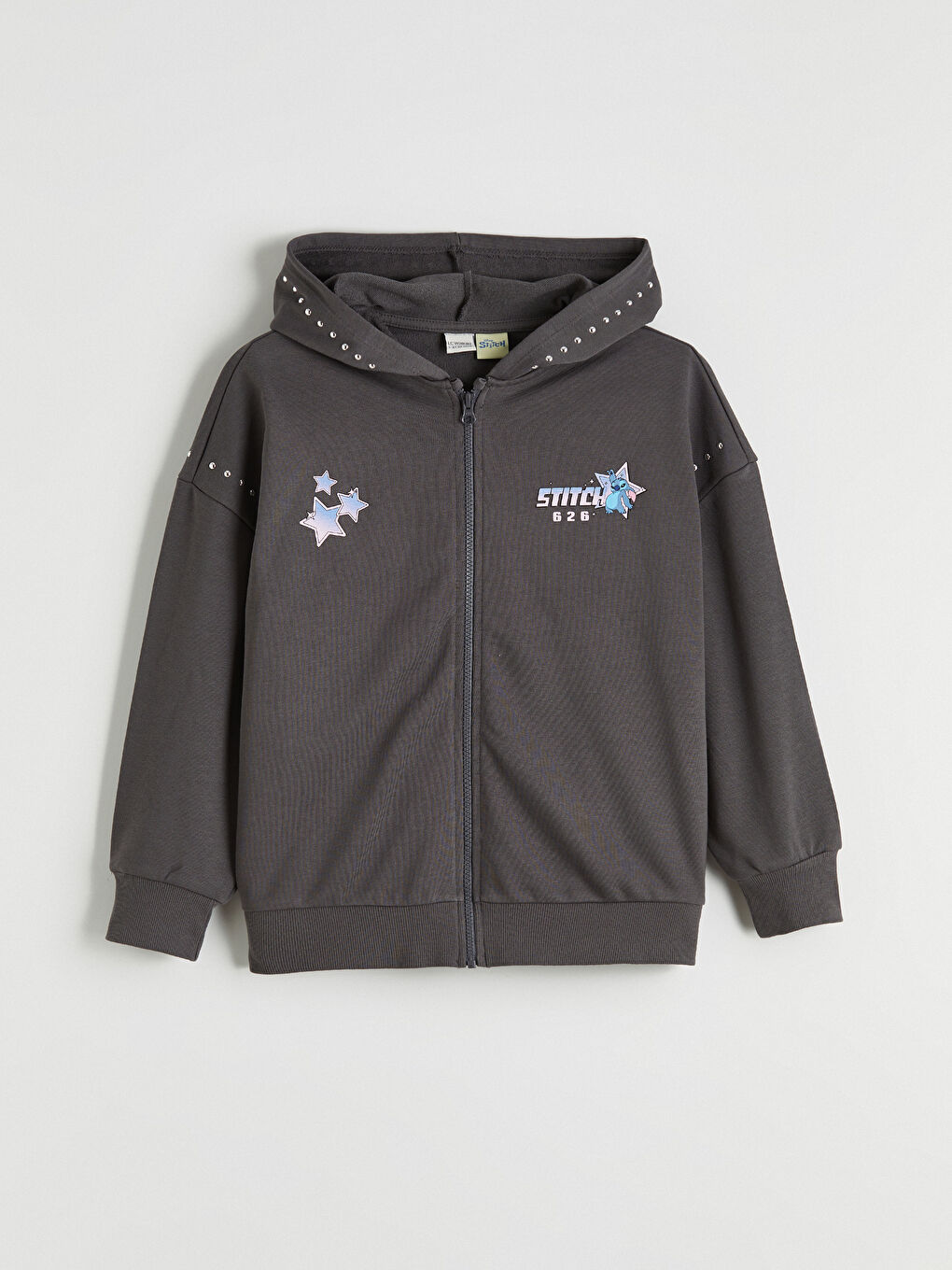 Gri Kapüşonlu Lilo ve Stitch Baskılı Kız Çocuk Fermuarlı Sweatshirt-1