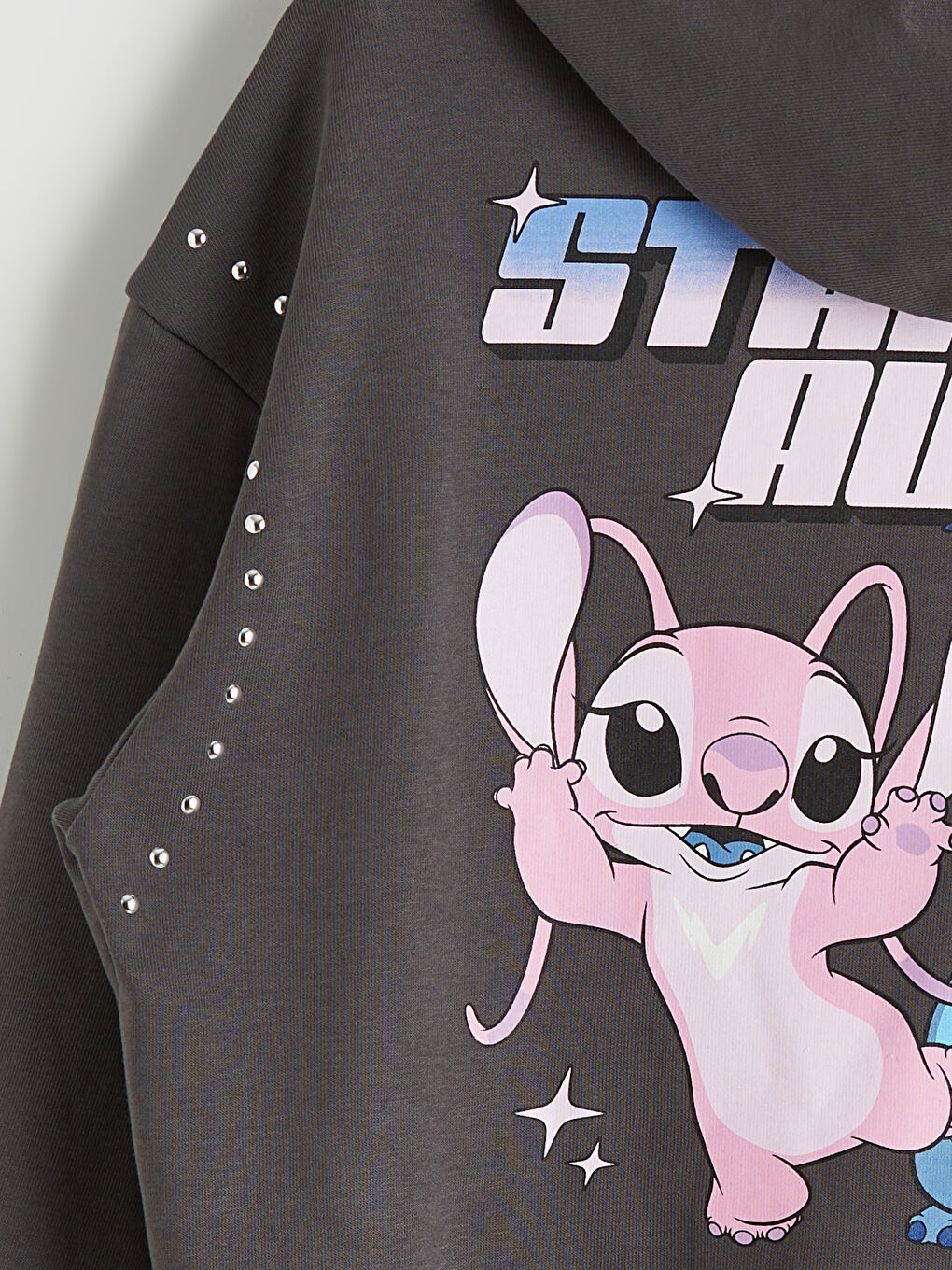 Gri Kapüşonlu Lilo ve Stitch Baskılı Kız Çocuk Fermuarlı Sweatshirt-2