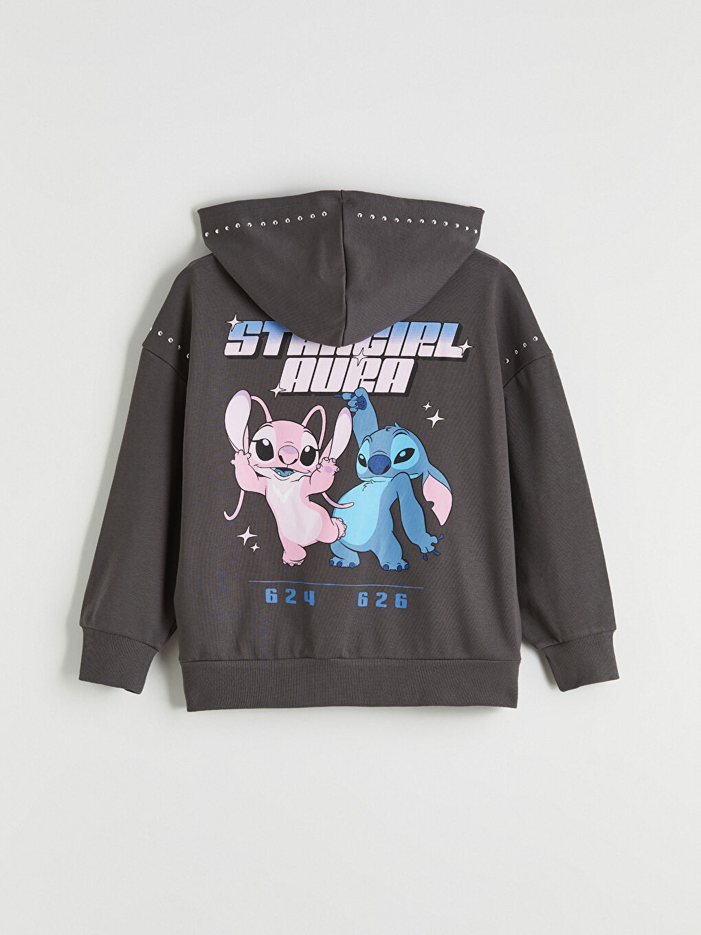 Gri Kapüşonlu Lilo ve Stitch Baskılı Kız Çocuk Fermuarlı Sweatshirt-5