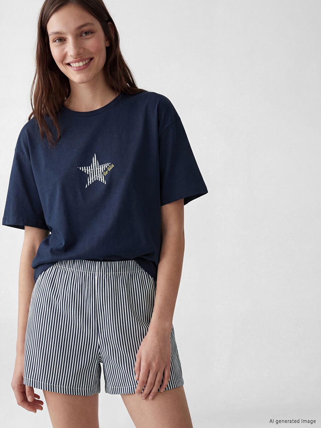 Дамски къс пижамен комплект със звезден принт-1