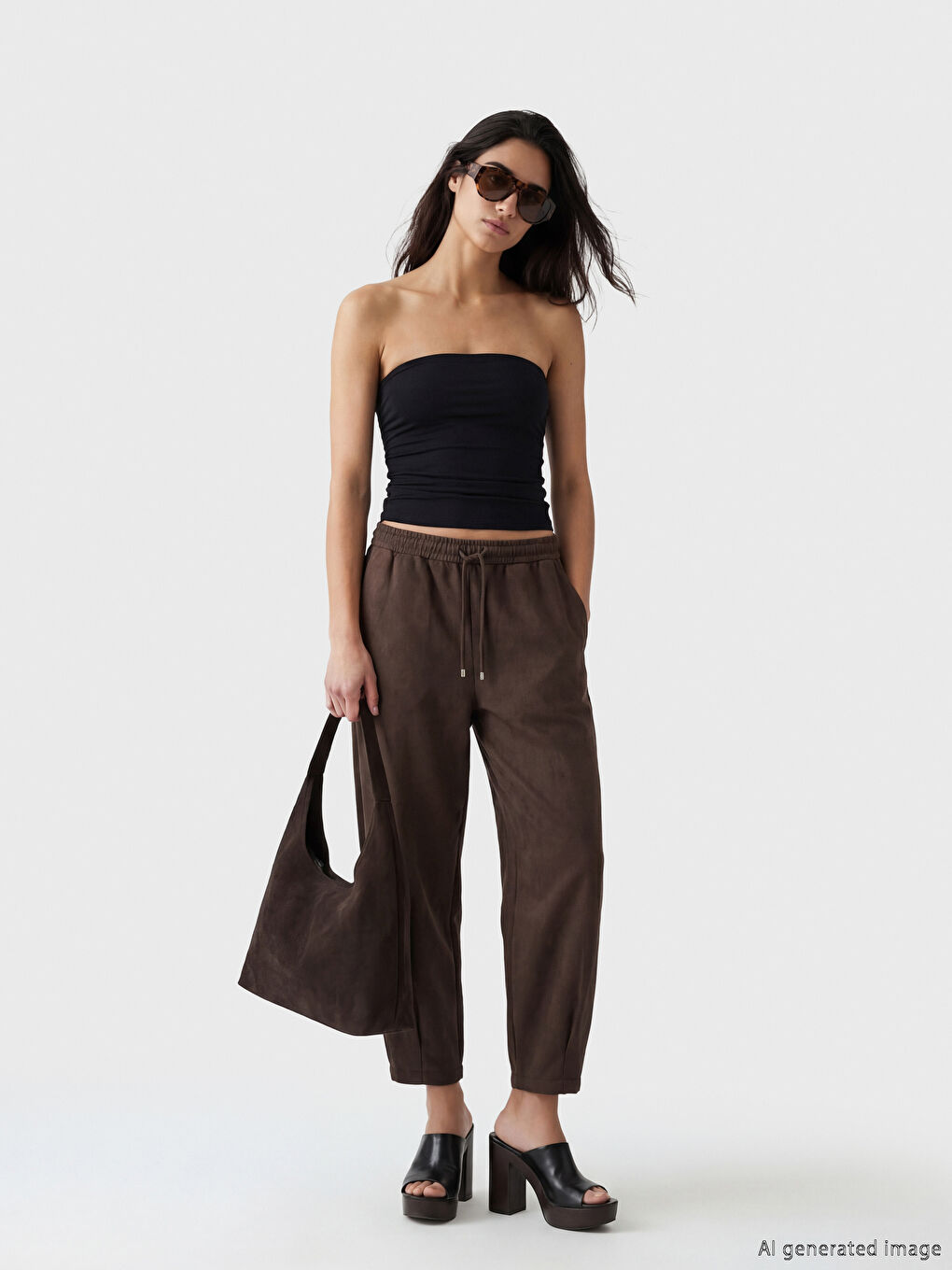 Kahverengi Beli Lastikli Süet Görünümlü Kadın Pantolon