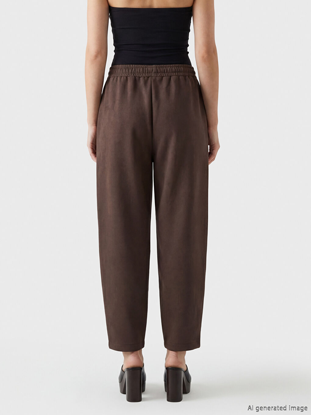 Kahverengi Beli Lastikli Süet Görünümlü Kadın Pantolon-1