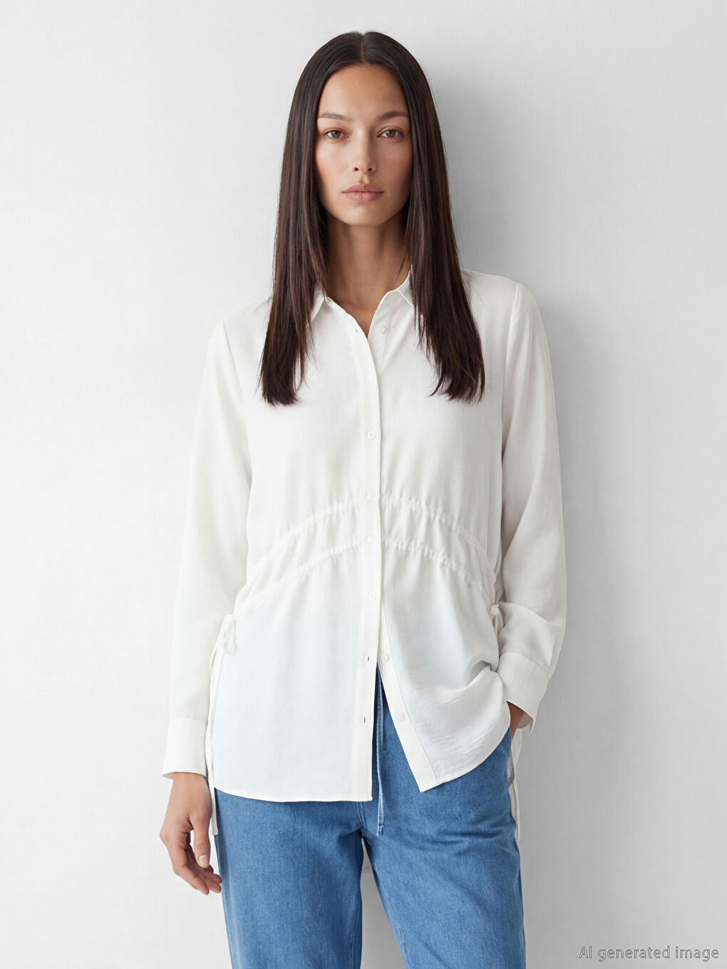 Beyaz Büzgülü Kadın Gömlek Tunik