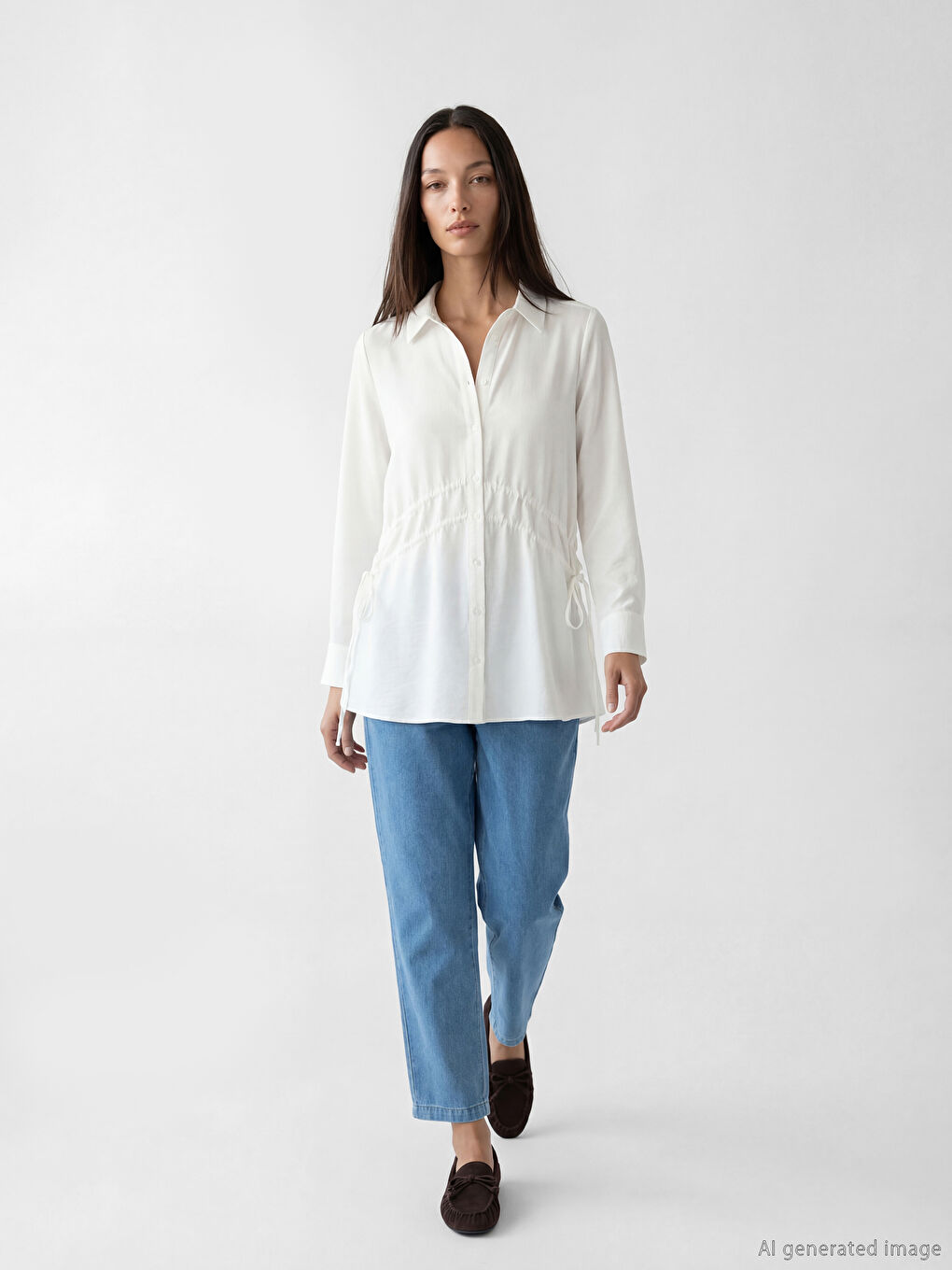 Beyaz Büzgülü Kadın Gömlek Tunik-1