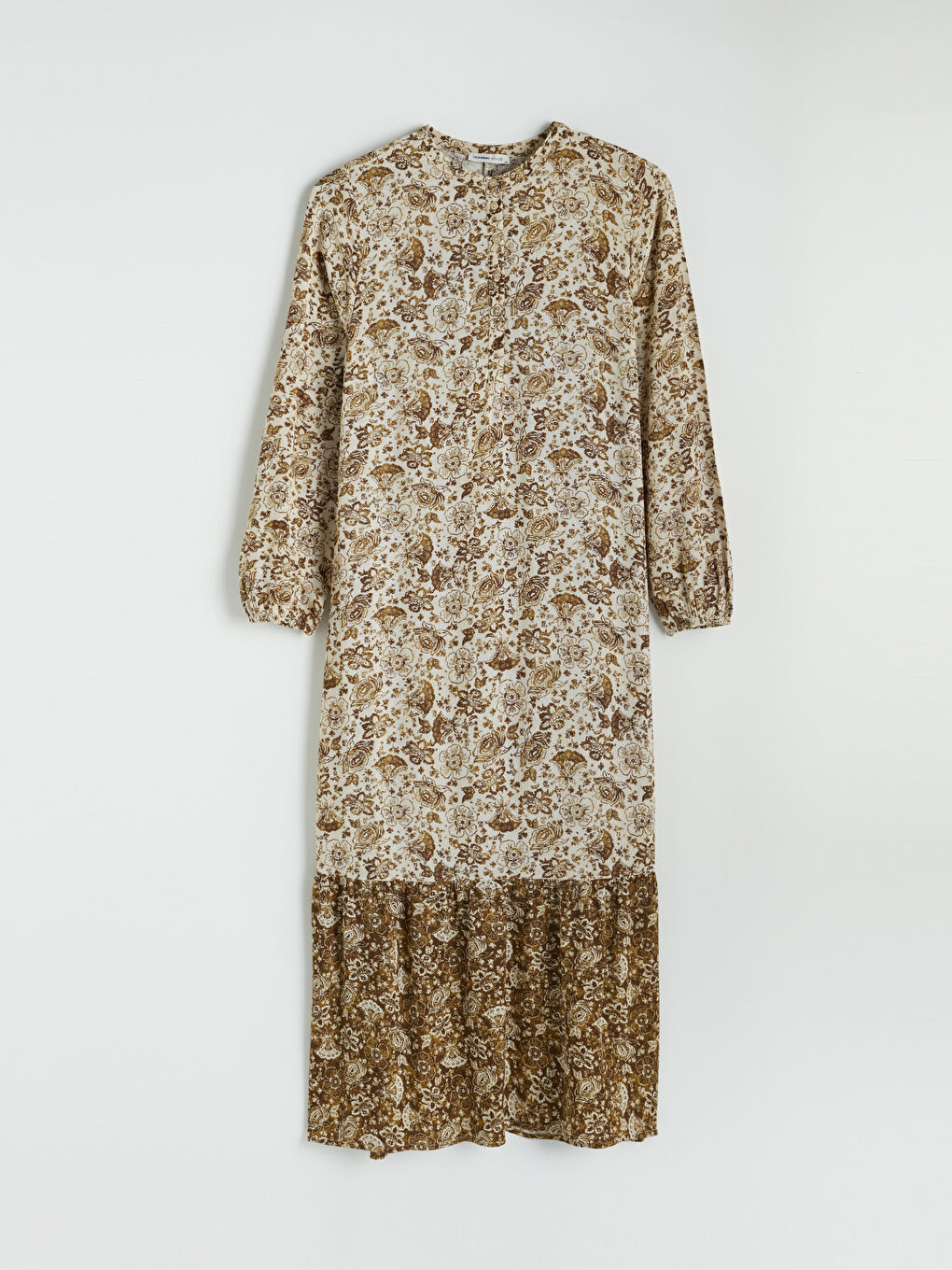 Bej Bisiklet Yaka Desenli A Kesim Elbise