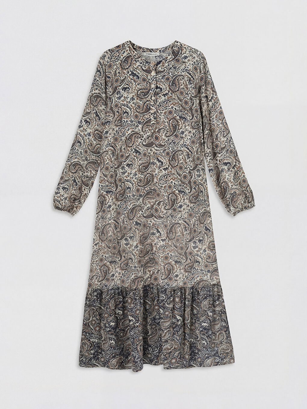 Ekru Bisiklet Yaka Desenli A Kesim Elbise