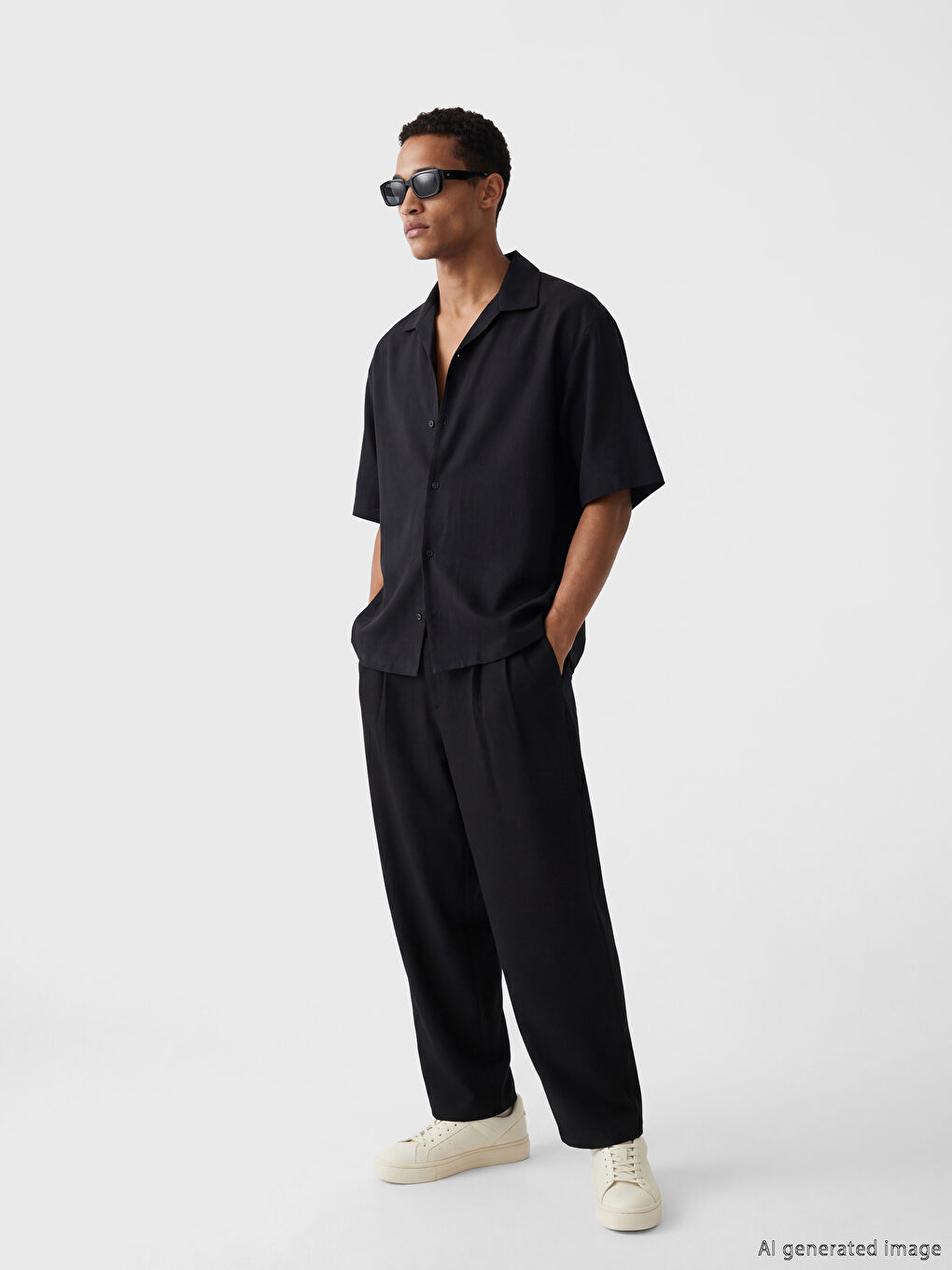 Siyah Regular Fit Keten Görünümlü Erkek Gömlek-1