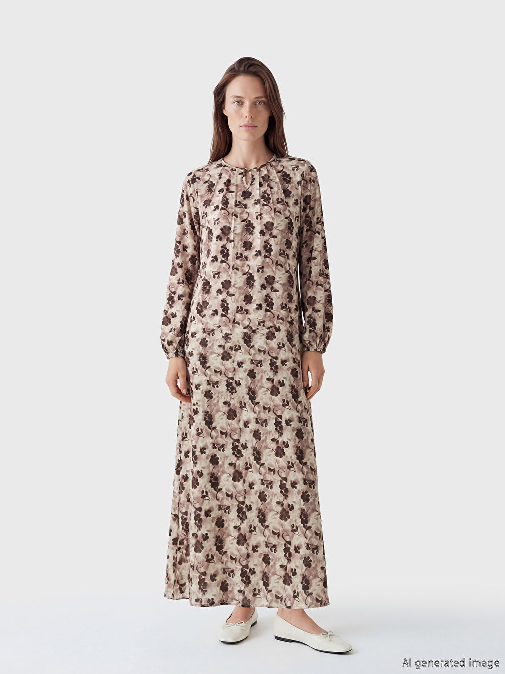 Bej Bisiklet Yaka Çiçekli A Kesim Elbise